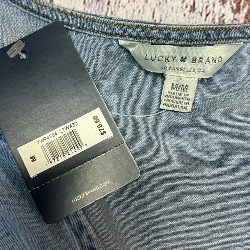 NWT, Lucky Brand Denim High Low Blouse, 3/4 Puff Sleeve, V Neck, Blue, Med - Picture 3 of 8